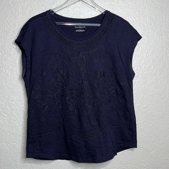 Talbots Navy Blue Embroidered Flower Print Short Sleeve Top - Picture 2 of 5
